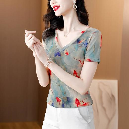 夏新款时尚，V领短袖T恤遮肉显瘦舒适透气洋气打底小衫上衣KQL-301H9371 商品图3