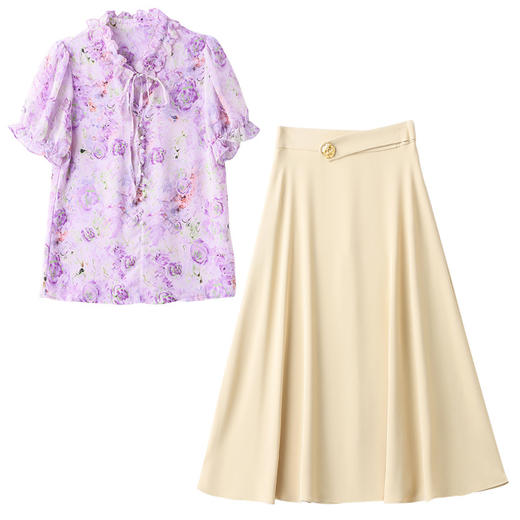 新中式花边领印花立体衬衣搭配高腰显瘦A字半身裙套装HR-WHA628-69 商品图4