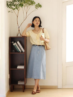 HeyDress法式圆领黄色衬衫女夏季复古宽松慵懒感小衫浪漫短袖上衣
