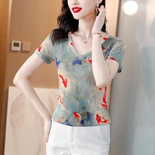 夏新款时尚，V领短袖T恤遮肉显瘦舒适透气洋气打底小衫上衣KQL-301H9371 商品图1