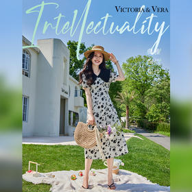 VICTORIA&VERA夏季新款复古水墨设计感撞色娃娃领减龄碎花连衣裙中长款