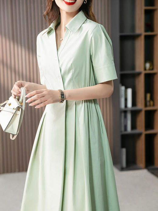 YX【现货7天】高级感V领连衣裙女中长款2024夏季新款韩版高腰显瘦衬衫长裙 商品图4