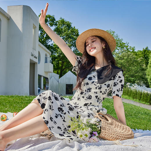VICTORIA&VERA夏季新款复古水墨设计感撞色娃娃领减龄碎花连衣裙中长款 商品图2