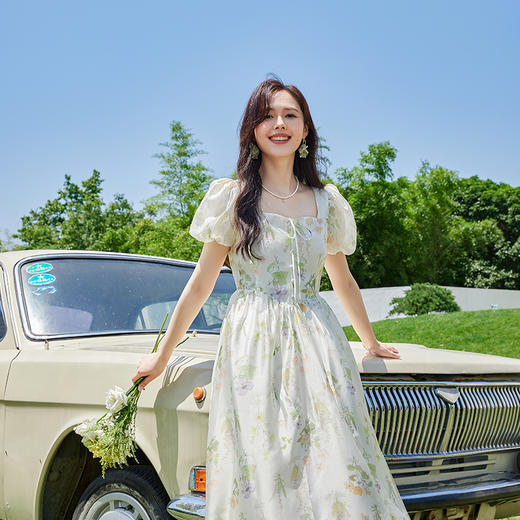 VICTORIA&VERA夏季新款法式复古长款碎花设计感仿缎面连衣裙 商品图3