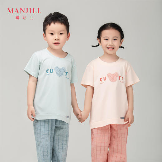 熳洁儿 可爱休闲童装版睡衣纯棉男女童装短袖梭织格子长裤套装春夏23203618 商品图0