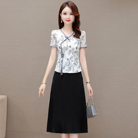 夏季新款，拼接印花裙假两件中长款A字裙妈妈装网纱裙复古旗袍裙QYM-KED-H1207-Y