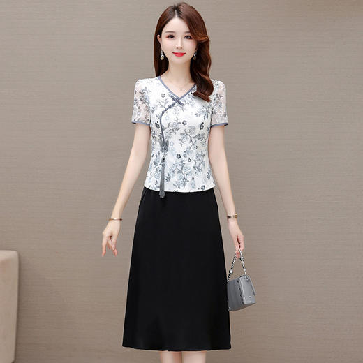 夏季新款，拼接印花裙假两件中长款A字裙妈妈装网纱裙复古旗袍裙QYM-KED-H1207-Y 商品图0