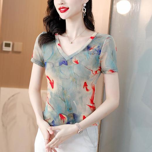 夏新款时尚，V领短袖T恤遮肉显瘦舒适透气洋气打底小衫上衣KQL-301H9371 商品图0