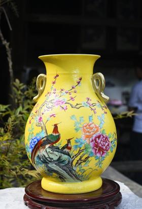 帝王黄扒花锦堂富贵双耳瓶