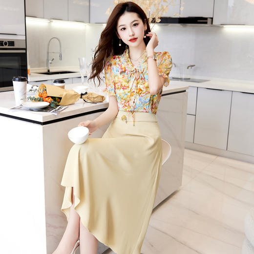 新中式花边领印花立体衬衣搭配高腰显瘦A字半身裙套装HR-WHA628-69 商品图5