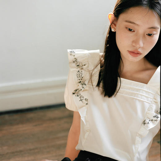 Even Vintage| 重工绣花 原创设计法式方领上衣精致飞袖修身衬衫 商品图1