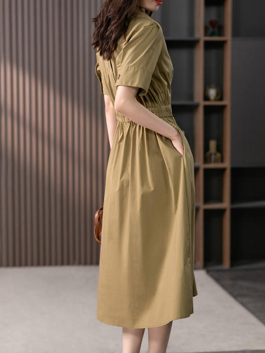 YX【现货7天】高级感V领连衣裙女中长款2024夏季新款韩版高腰显瘦衬衫长裙 商品图3