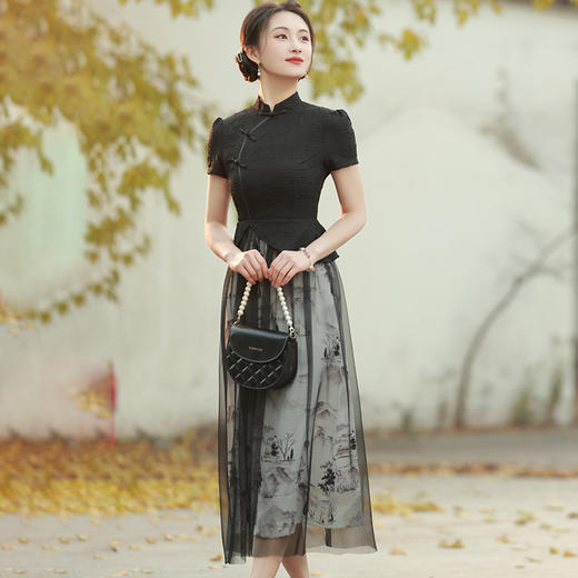 复古个性印花网纱裙两件套旗袍BS2806 商品图5