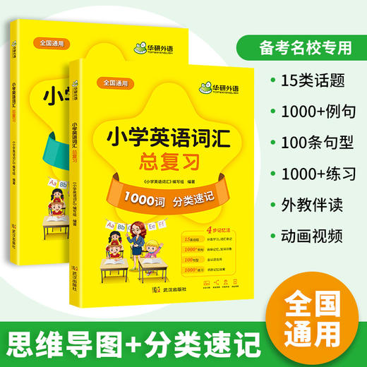 华研外语 小学英语词汇总复习1000单词 15类话题分类速记23张思维导图1000条例句100个句型 1000道练习144分钟外教伴读4个动画视频 商品图2