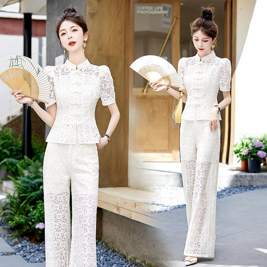 MDCJG2357休闲时尚套装女2023夏新款职业高级感新中式国风蕾丝阔腿裤两件套 商品图0