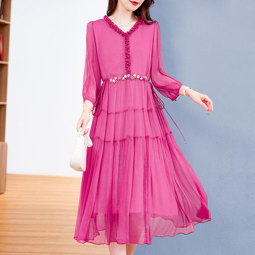 QS-82393938真丝连衣裙女2023新款夏季法式V领双绉收腰黄色桑蚕丝过膝中长裙 商品图7