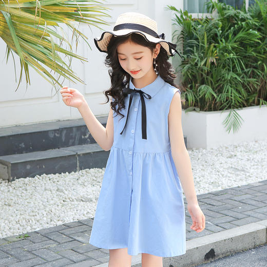 【夏款棉连衣裙2023新款蝴蝶结衬衣连衣裙】中大童小清新公主裙夏，时尚潮流，时尚的版型设计简约的颜色，领口蝴蝶结-SH 商品图2