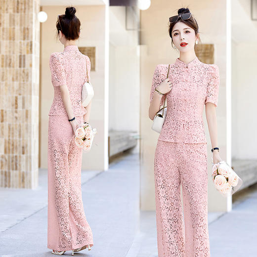 MDCJG2357休闲时尚套装女2023夏新款职业高级感新中式国风蕾丝阔腿裤两件套 商品图1