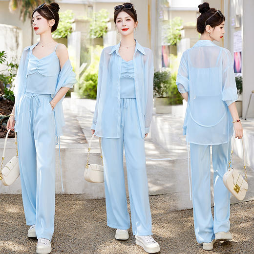 时尚气质韩版雪纺衬衫直筒裤三件套HR-YQH8973-1 商品图0