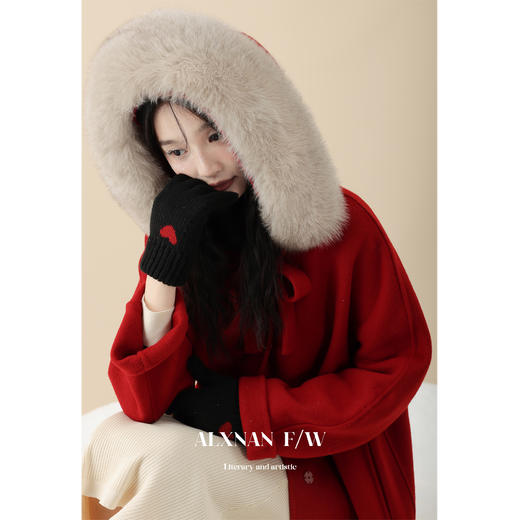 鹿向南《蔷薇少女》酒红色中长款单双面毛呢外套2023新款大衣女冬 商品图0