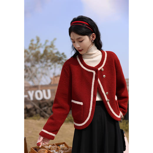 鹿向南《氛围小香》小香风复古红仿羊羔毛外套女秋冬2023新款上衣 商品图0