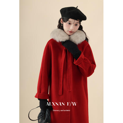 鹿向南《蔷薇少女》酒红色中长款单双面毛呢外套2023新款大衣女冬 商品图2