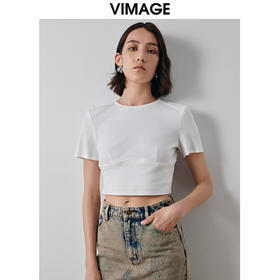 VIMAGE纬漫纪简约短款露腰修身白色T恤上衣时尚百搭秋季新款V2002602