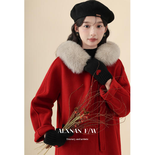 鹿向南《蔷薇少女》酒红色中长款单双面毛呢外套2023新款大衣女冬 商品图3