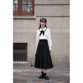 鹿向南 黑色压褶半身裙女2023新款秋季高腰百褶裙a字中长裙子