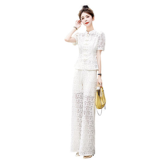 MDCJG2357休闲时尚套装女2023夏新款职业高级感新中式国风蕾丝阔腿裤两件套 商品图4