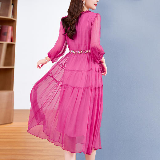 QS-82393938真丝连衣裙女2023新款夏季法式V领双绉收腰黄色桑蚕丝过膝中长裙 商品图3