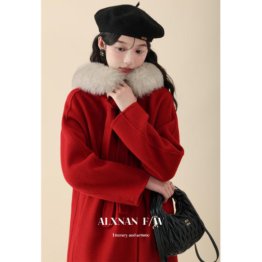 鹿向南《蔷薇少女》酒红色中长款单双面毛呢外套2023新款大衣女冬 商品图1