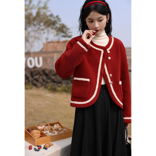 鹿向南《氛围小香》小香风复古红仿羊羔毛外套女秋冬2023新款上衣 商品图1