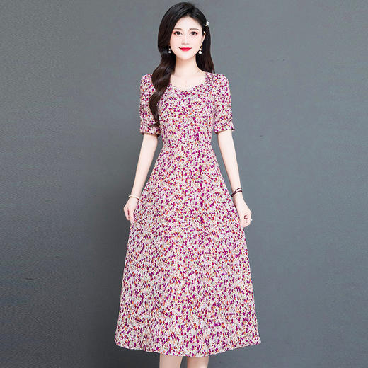 QYMTYH-239349-Y 红色印花连衣裙夏季新款碎花裙时尚气质女装中长款高腰A字裙 商品图0