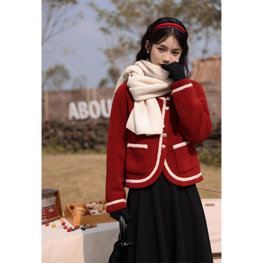 鹿向南《氛围小香》小香风复古红仿羊羔毛外套女秋冬2023新款上衣 商品图2