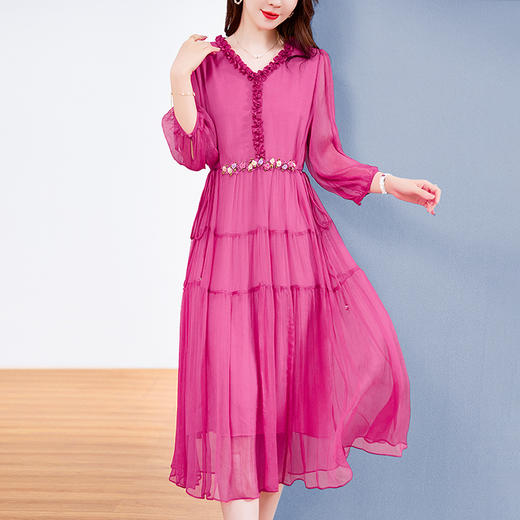 QS-82393938真丝连衣裙女2023新款夏季法式V领双绉收腰黄色桑蚕丝过膝中长裙 商品图1