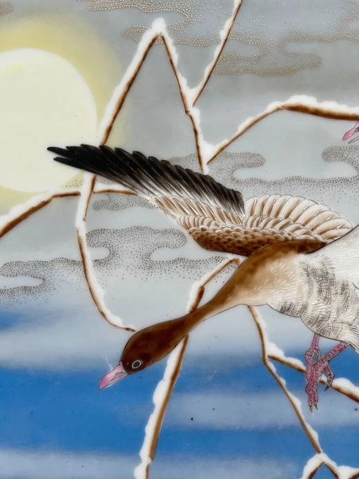 彩绘冬雪夕阳芦雁图瓷板，顺丰包邮 商品图0