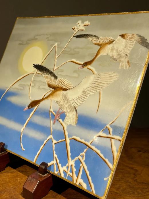 彩绘冬雪夕阳芦雁图瓷板，顺丰包邮 商品图3
