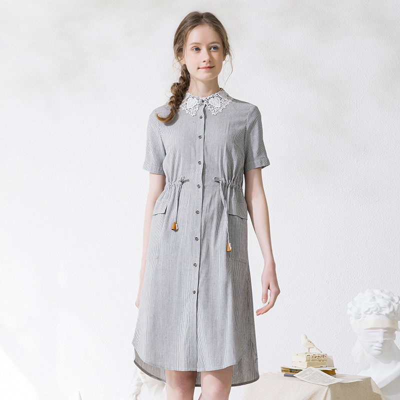 famecoco范可儿夏季连衣裙女棉麻收腰衬衫裙中长款F213FA038