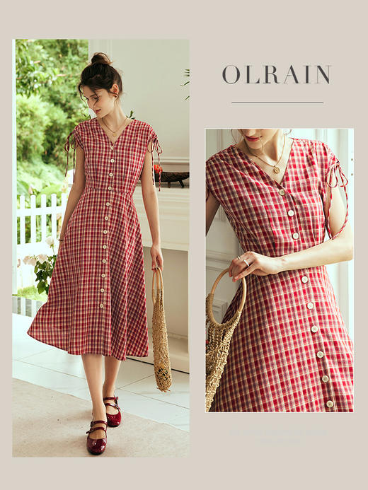 OLrain欧芮儿法式红色格子连衣裙女夏季2023新款收腰复古A字伞裙 商品图0
