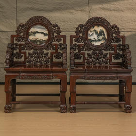 清 红木镶云石透雕灵芝纹扶手椅（一对）