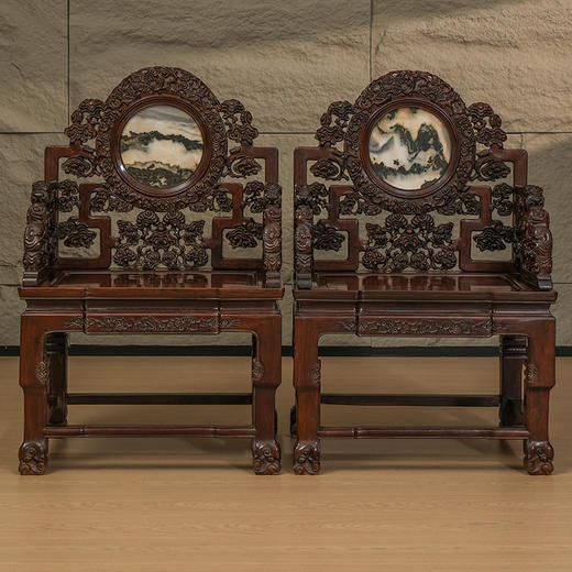 清 红木镶云石透雕灵芝纹扶手椅（一对） 商品图0