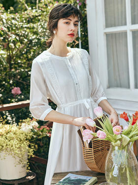OLrain欧芮儿法式白色衬衫连衣裙女春季2023新款收腰气质刺绣裙子