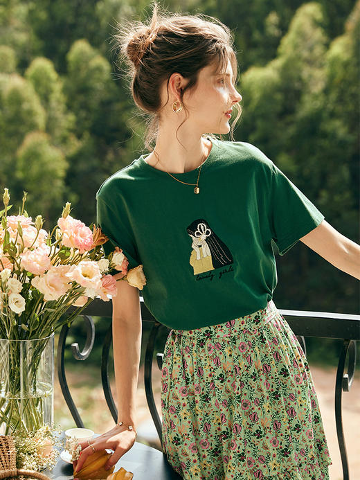 OLrain欧芮儿法式短袖T恤女夏季2023年新款宽松刺绣钉珠纯棉上衣 商品图3