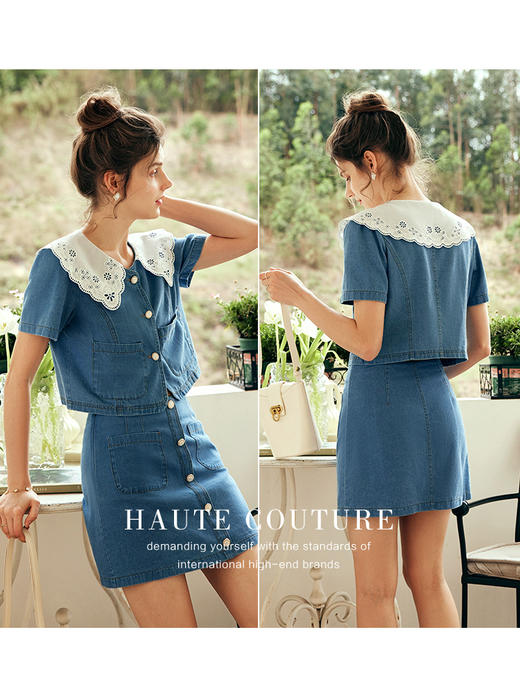 OLrain欧芮儿法式娃娃领牛仔时尚套装女夏季2023年新款裙子两件套 商品图2