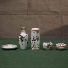 近代 浅绛彩花鸟纹文具成套