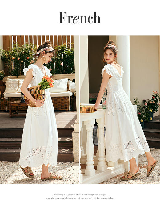 OLrain欧芮儿法式白色V领连衣裙女夏季2023新款收腰刺绣镂空A字裙 商品图1