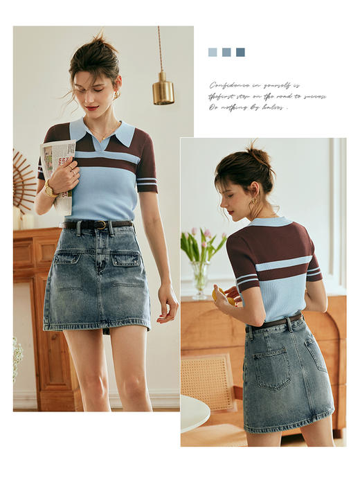 OLrain欧芮儿法式polo领针织衫女夏季2023新款修身撞色冰丝套头衫 商品图2