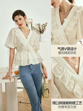 OLrain欧芮儿法式V领蕾丝雪纺衫女夏季2023年新款荷叶边甜美小衫
