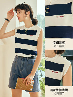 OLrain欧芮儿法式蓝白条纹针织衫女夏季2023新款字母刺绣无袖背心